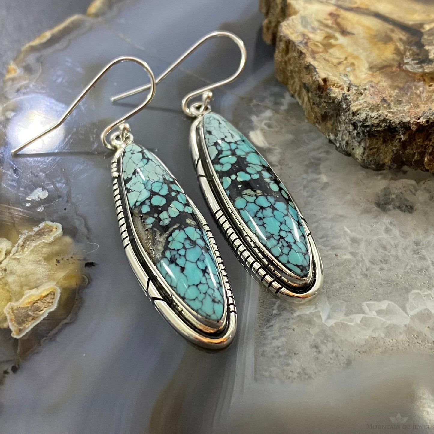 Native American Sterling Silver Marquise Chinese Turquoise Dangle Earrings