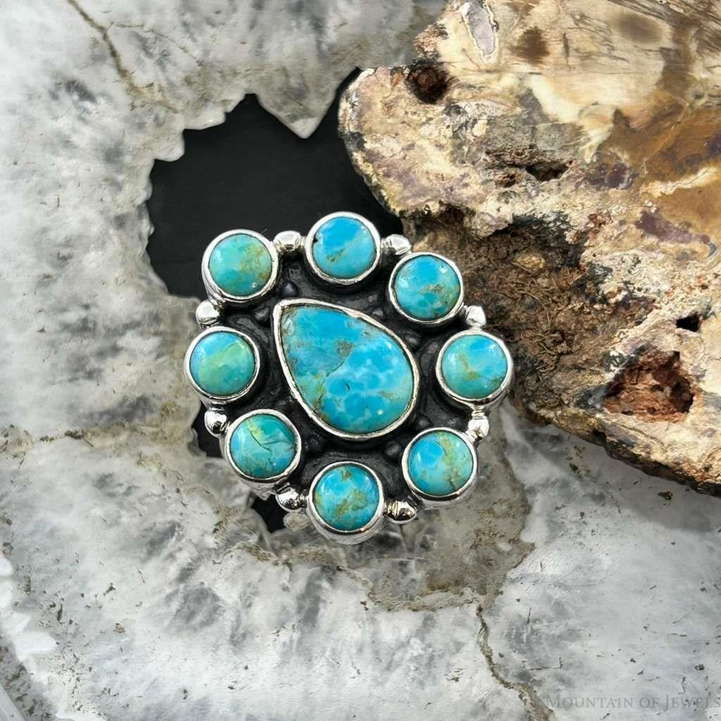 Sterling Silver Southwestern Style Mohave Turquoise Cluster Ring Size 8 For Women