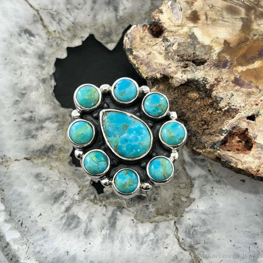 Sterling Silver Southwestern Style Mohave Turquoise Cluster Ring Size 8 For Women