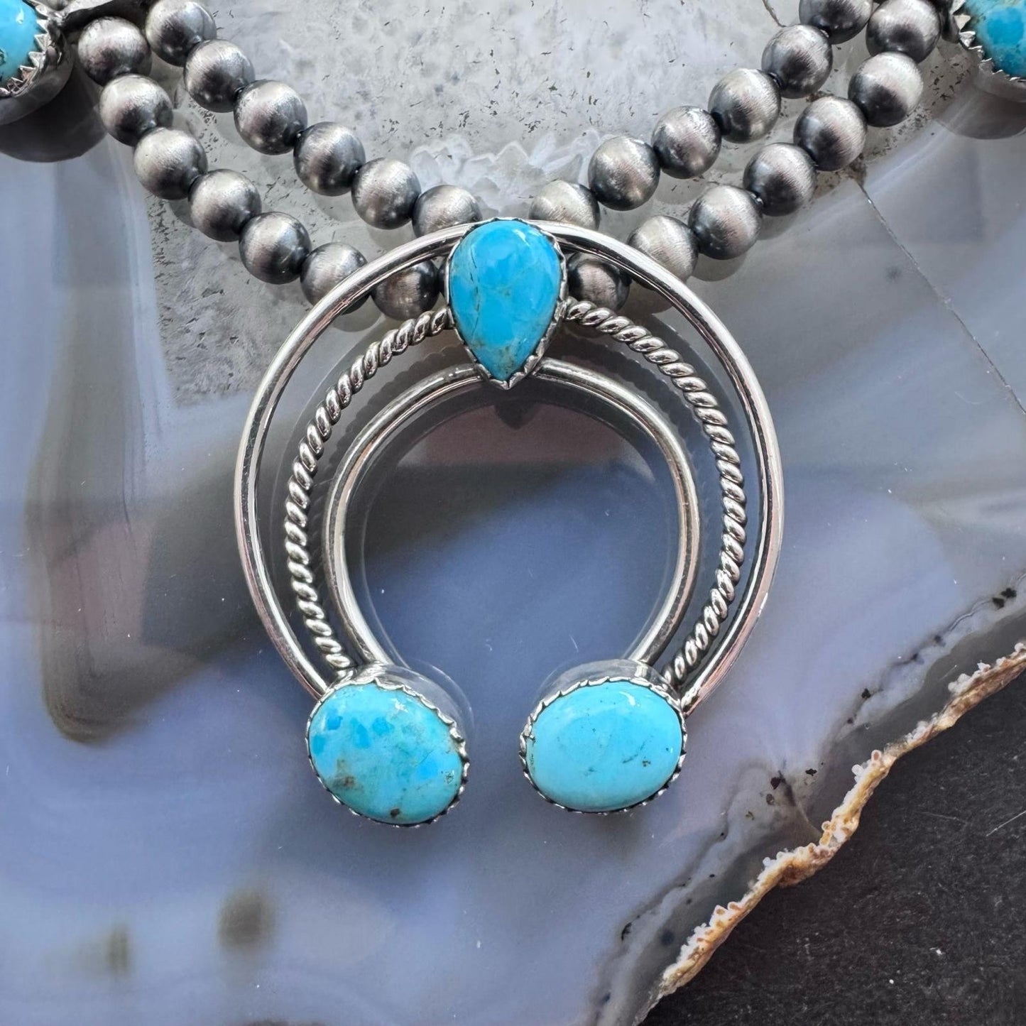 Sterling Silver Southwestern Style Turquoise Squash Blossom 18"-20" Necklace For Women