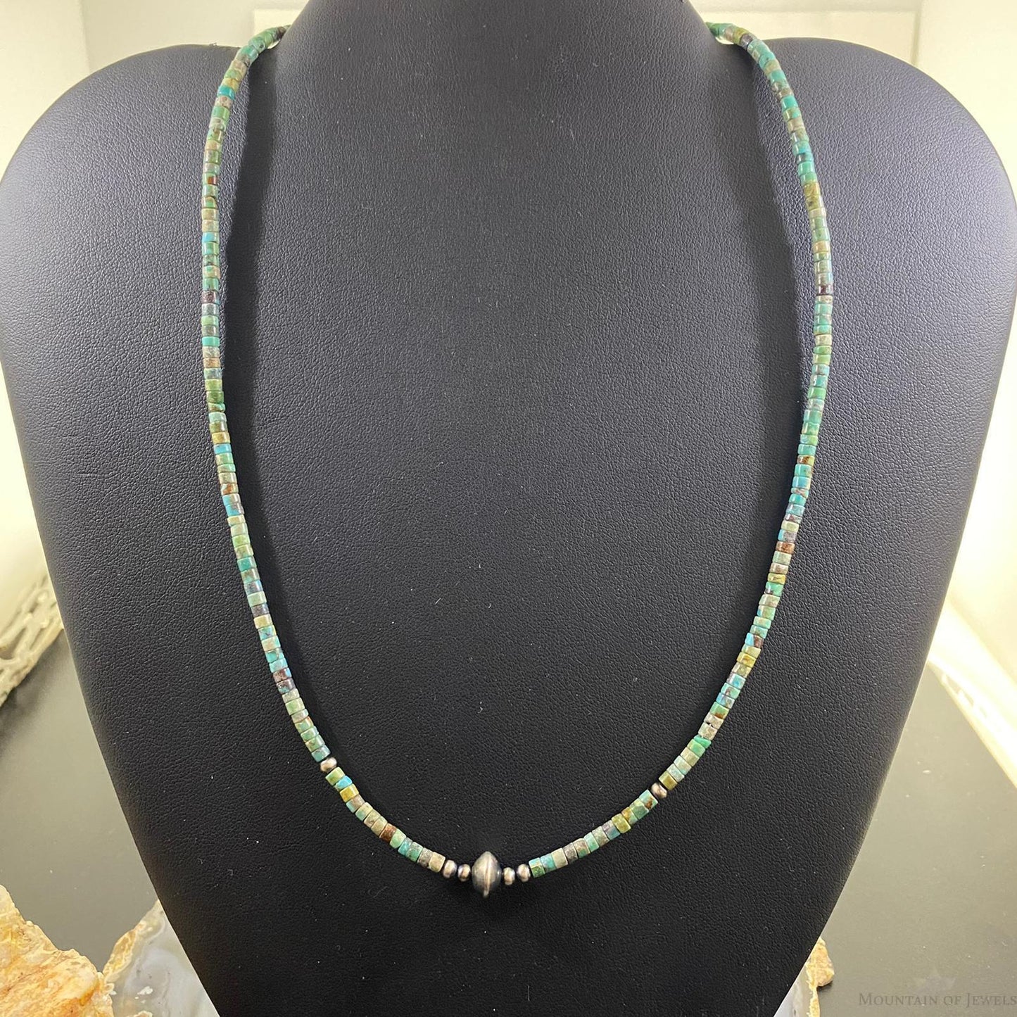 Turquoise Beads 3 mm and Navajo Pearl Sterling Silver Necklace 18" For Women