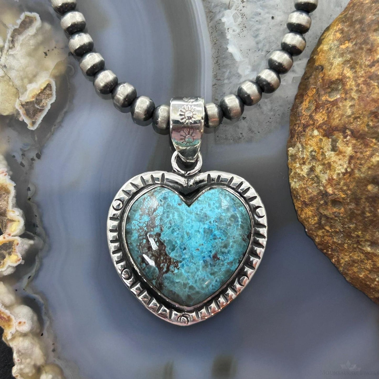 Sterling Silver Southwestern Style Chrysocolla Decorated Heart Pendant For Women