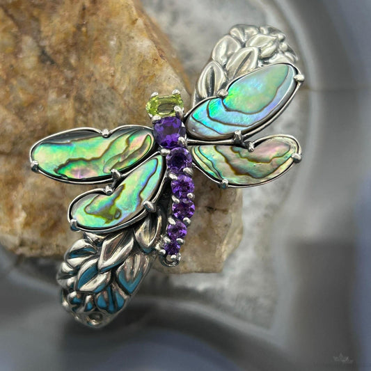 Carolyn Pollack Sterling Silver Multi Gemstone Dragonfly Decorated Hinged Cuff Bracelet