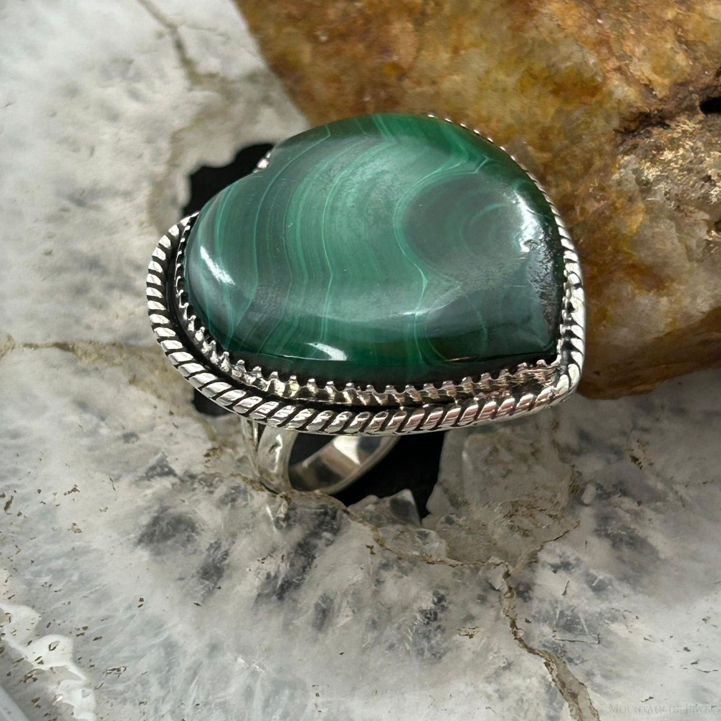Sterling Silver Southwestern Style Malachite Heart Shape Ring Size 8 For Women
