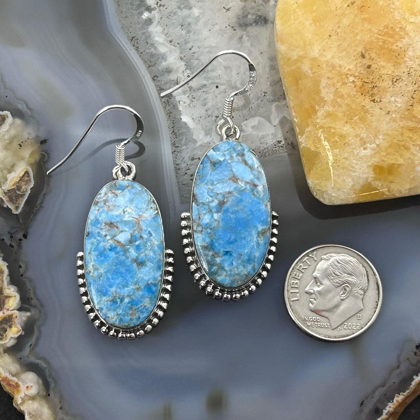 Sterling Silver Southwestern Style Oval Blue Apatite Dangle Earrings For Women