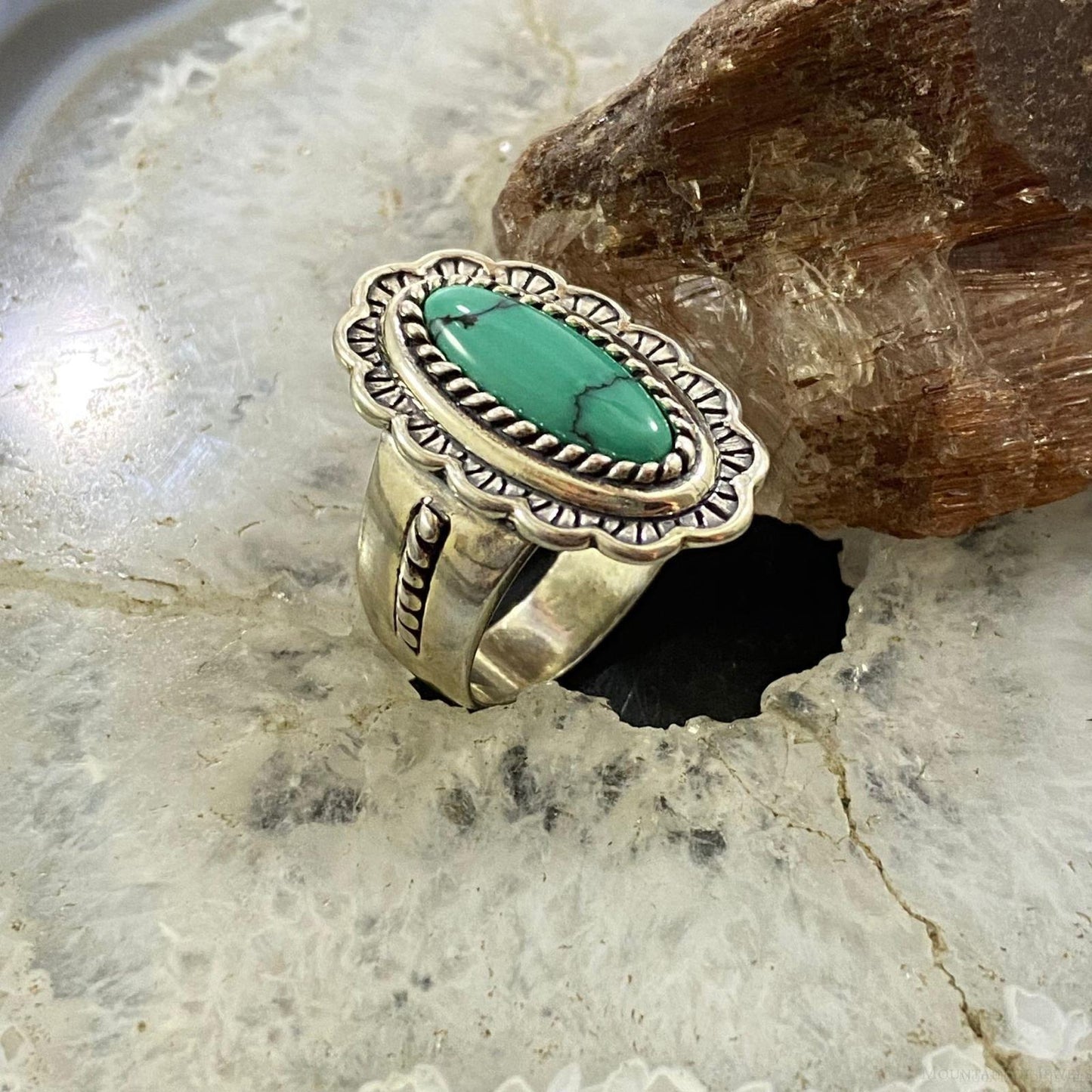 Carolyn Pollack Southwestern Style Sterling Silver Elongated Oval Turquoise Decorated Ring For Women
