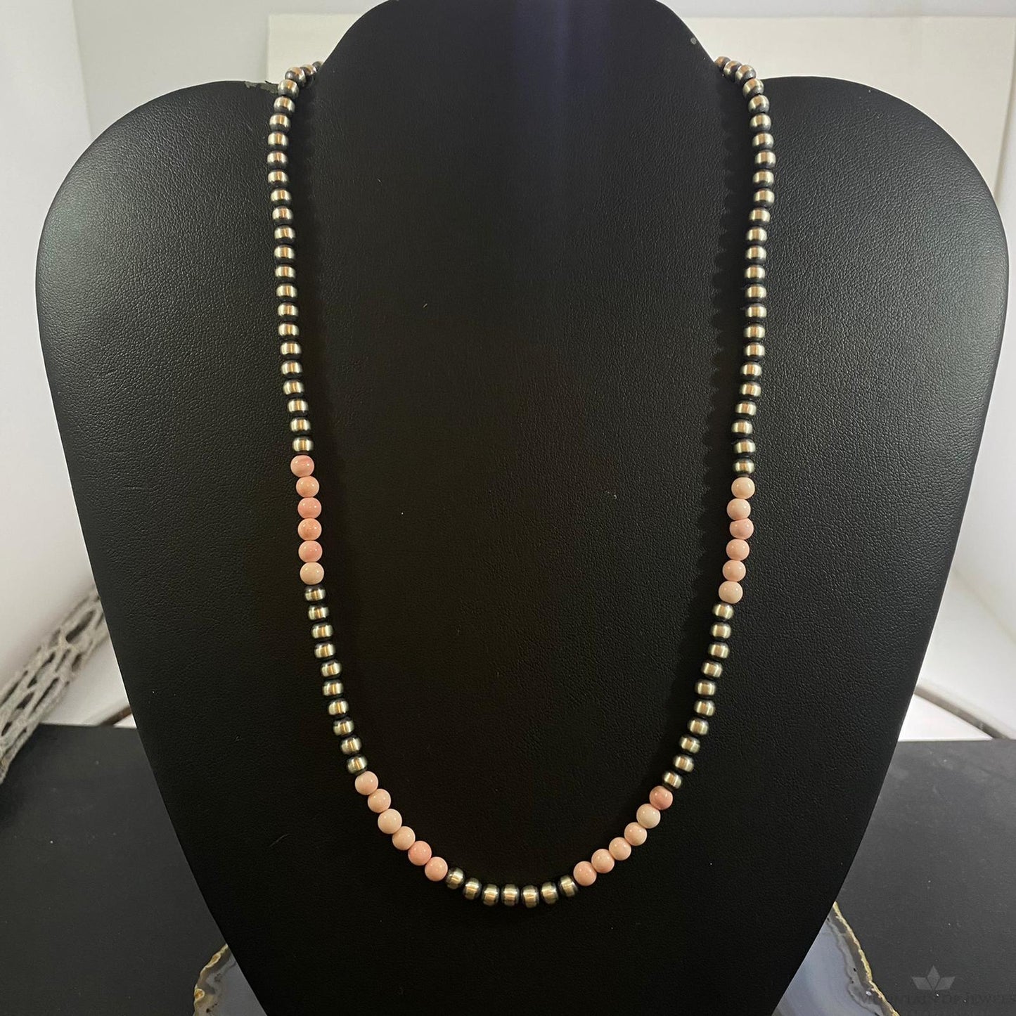 Native American Sterling 4mm Navajo Pearl 4.4mm Peruvian Opal Bead 16" Necklace