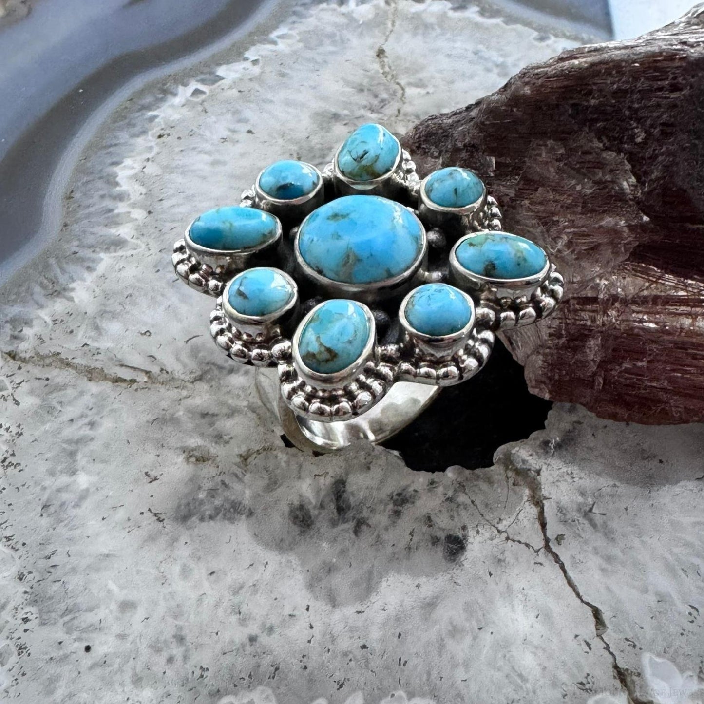 Sterling Silver Southwestern Style Composite Turquoise Cluster Adjustable Ring For Women