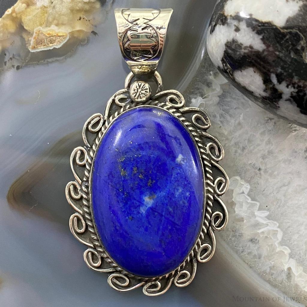 Gilbert Nez Navajo Sterling Silver Oval Decorated Lapis Pendant For Women