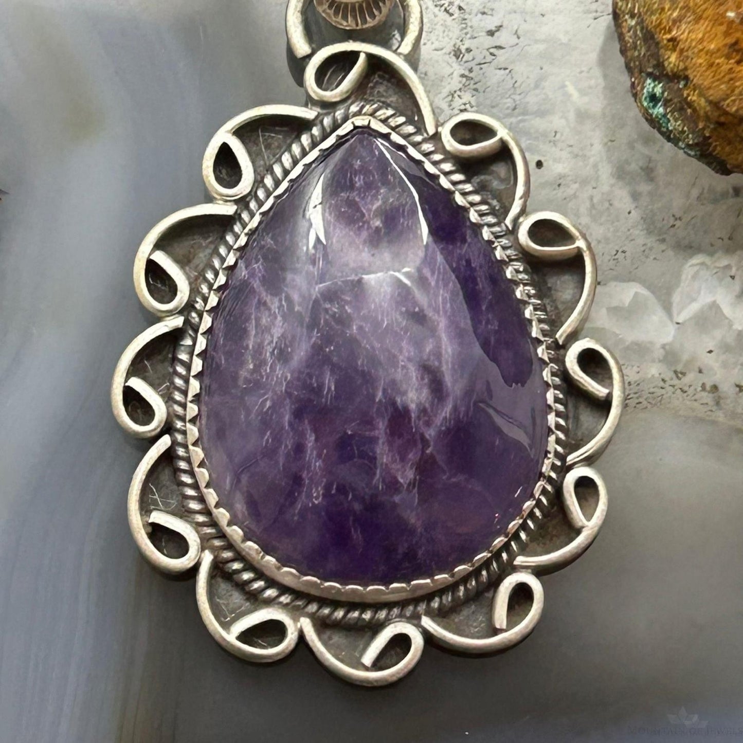 Sterling Silver Southwestern Style Teardrop Charoite Decorated Pendant For Women