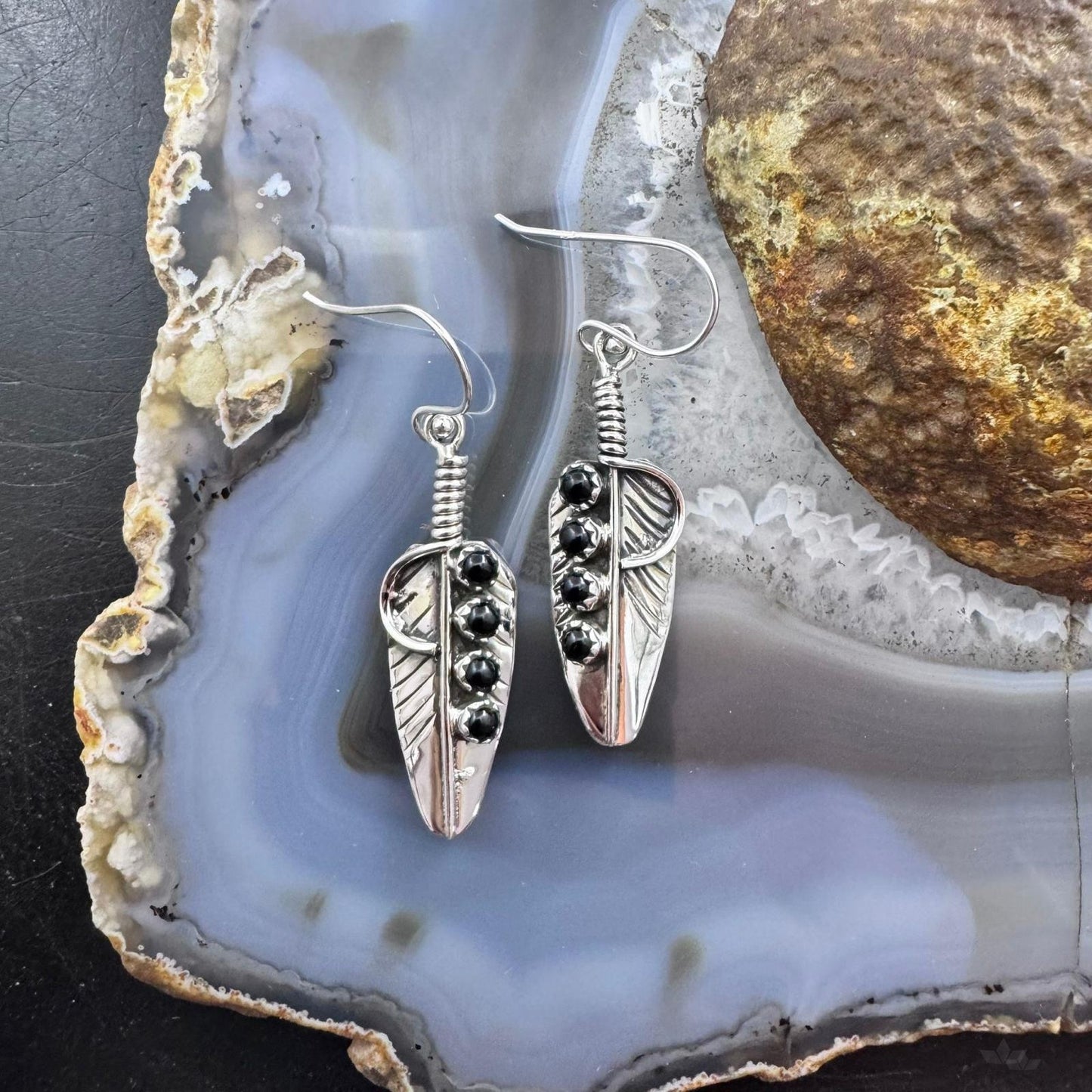Sterling Silver Southwestern Style 4 Onyx Dots Feather Dangle Earrings For Women