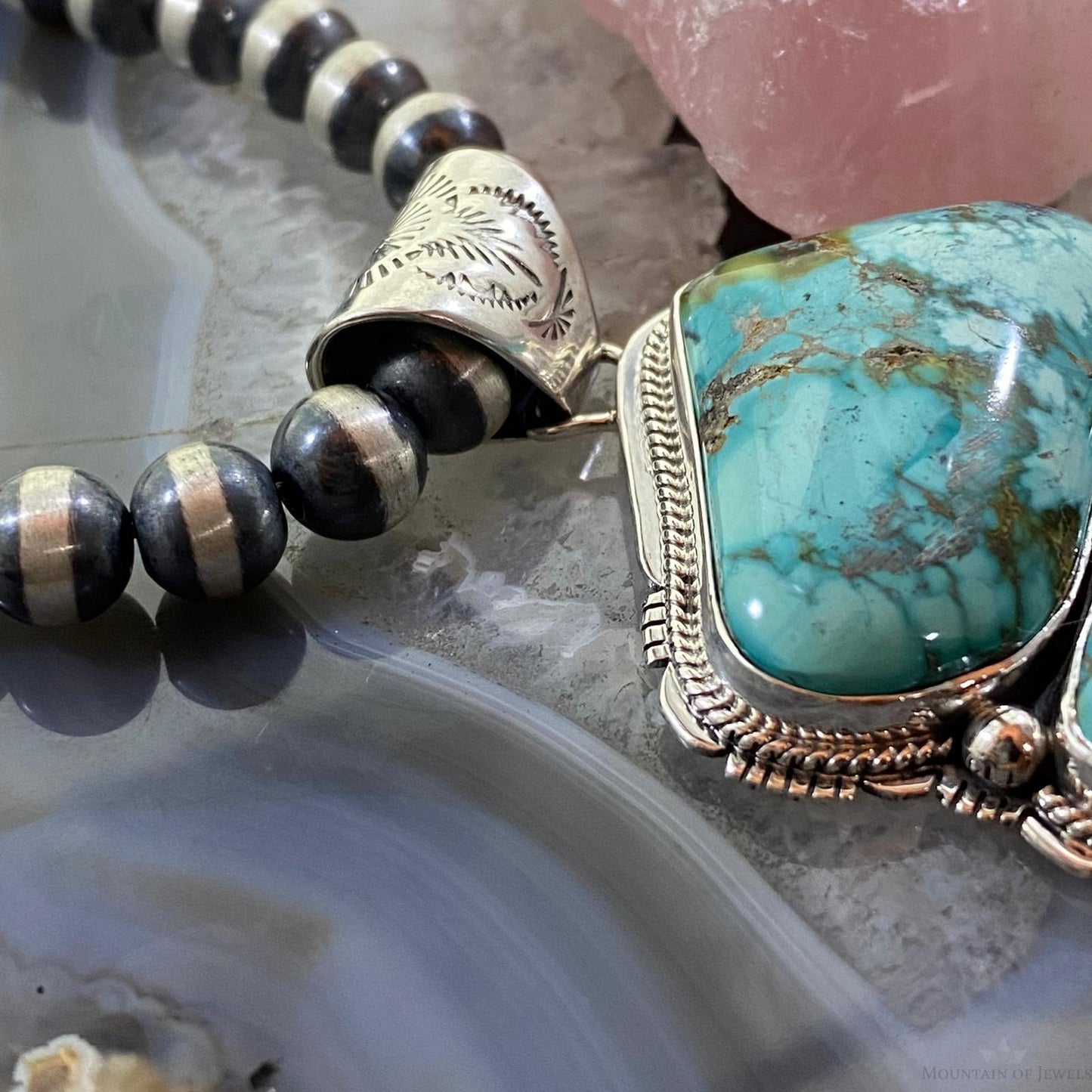 Signed Native American Sterling Silver Chunky Turquoise Unisex Pendant