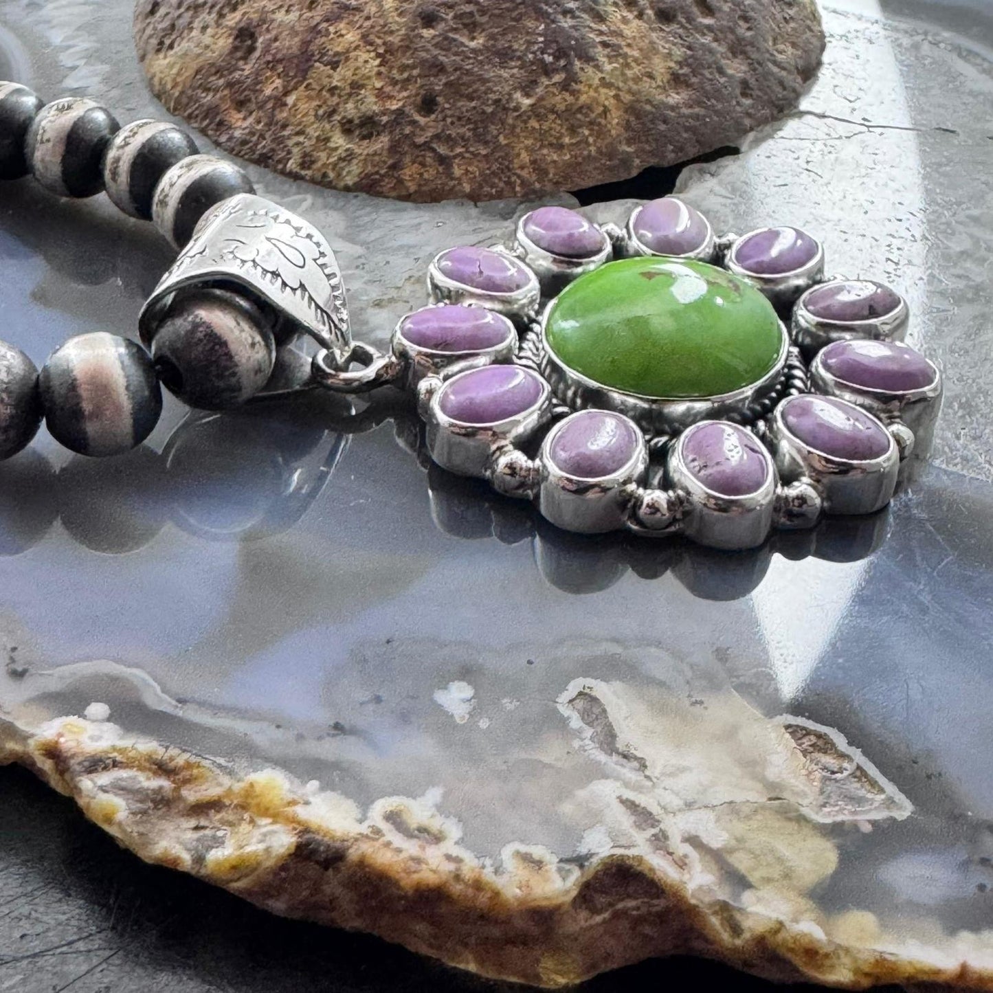 Native American Sterling Silver Green Turquoise w/Phosphosiderite Pendant For Women