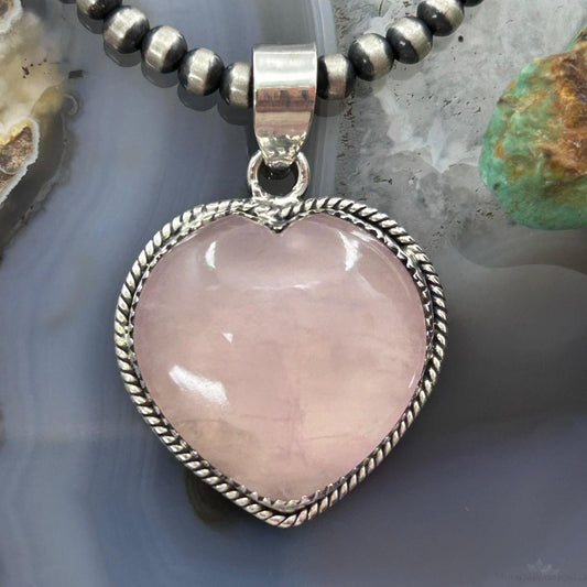 Sterling Silver Southwestern Style Rose Quartz Heart Pendant For Women