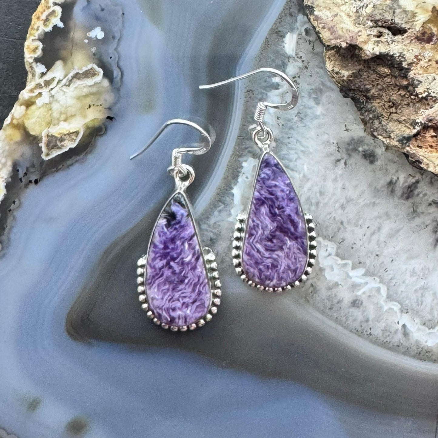 Sterling Silver Southwestern Style Teardrop Charoite Decorated Dangle Earrings For Women