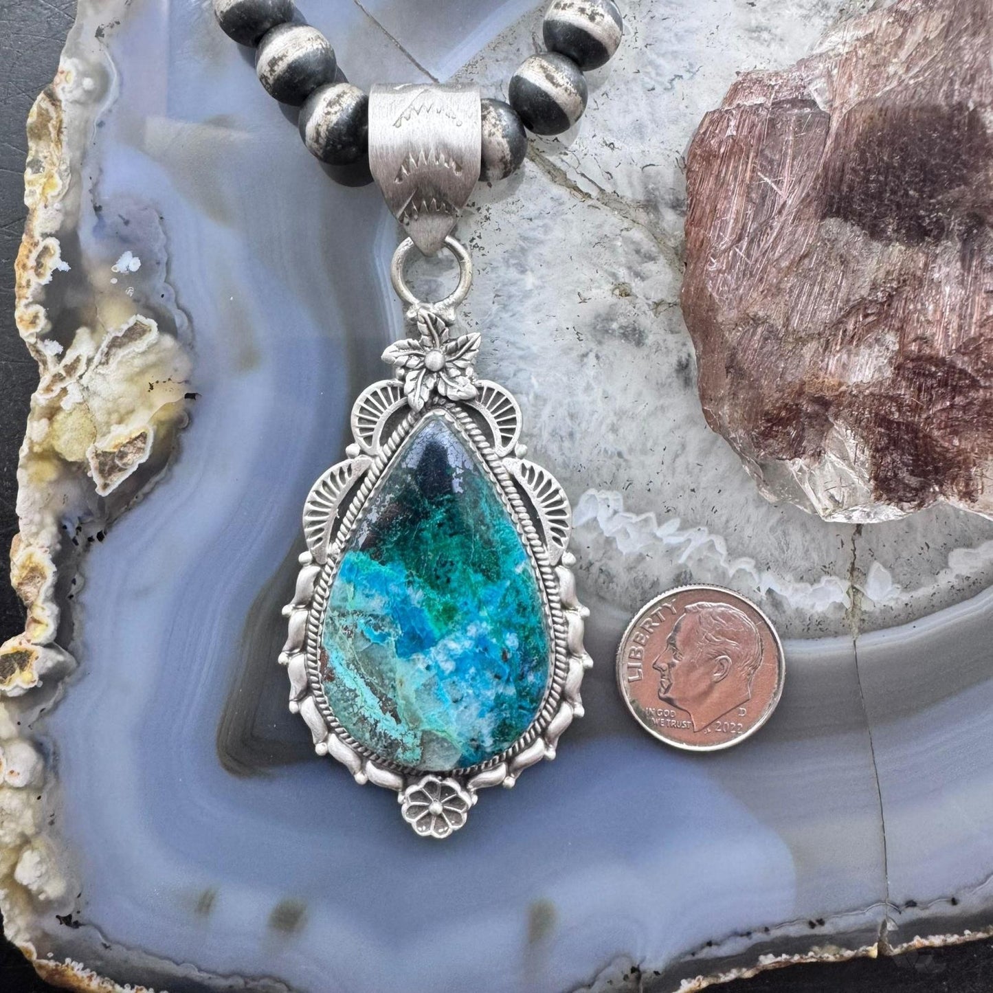 Sterling Silver Southwestern Style Elongated Teardrop Shattuckite Decorated Pendant For Women