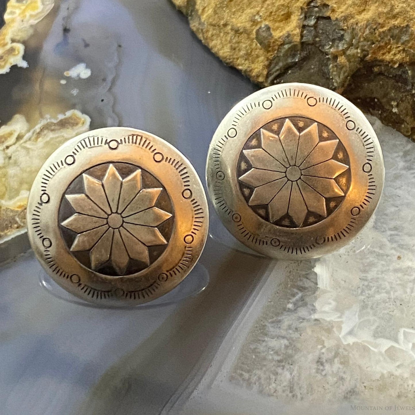 Native American Sterling Round Stamped Floral Concho Stud Earrings For Women