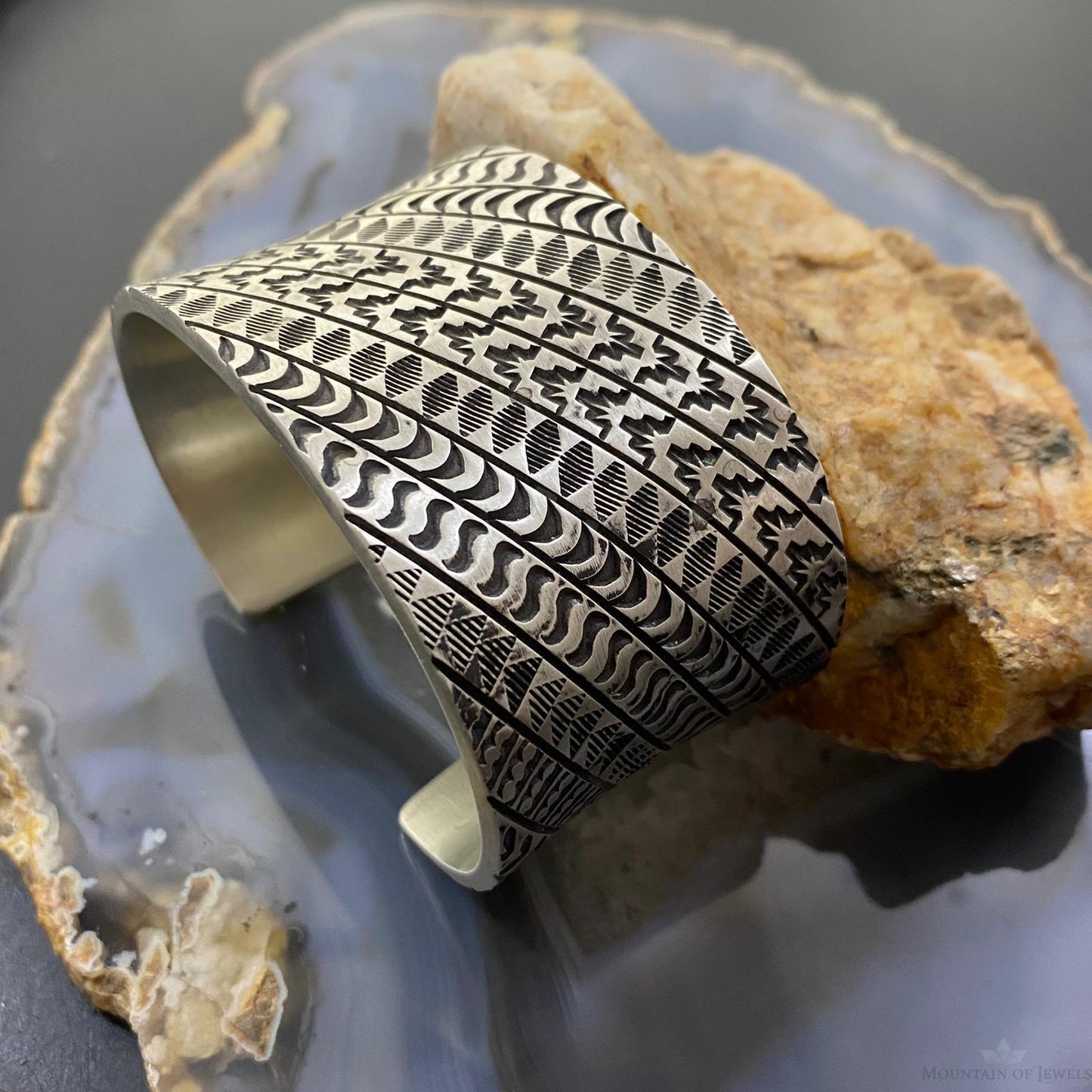 J J Otero Native American Sterling Silver Stamped Wide Heavy Gauge Bracelet