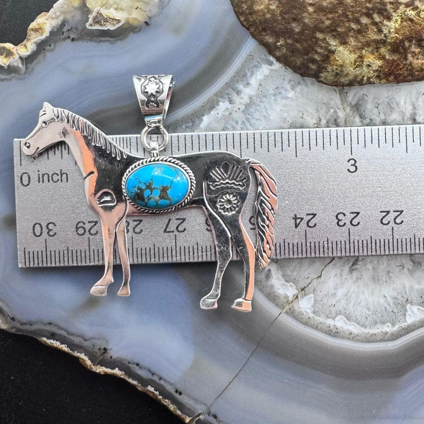 Sterling Silver Turquoise Stamped Indigenous Symbols Horse Unisex Pendant
