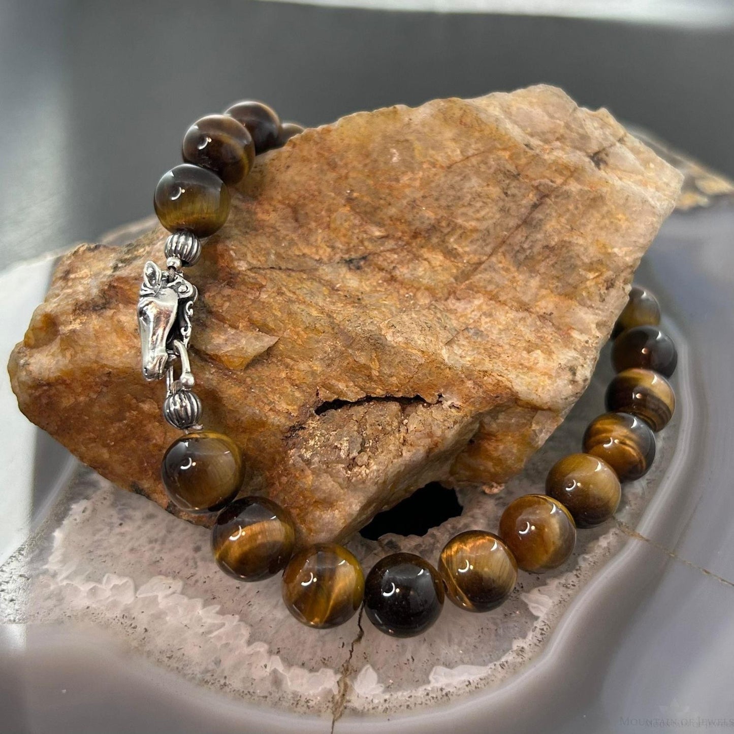 Carolyn Pollack Sterling Silver Tiger's Eye Beaded w/Horse Head Clasp Bracelet For Women