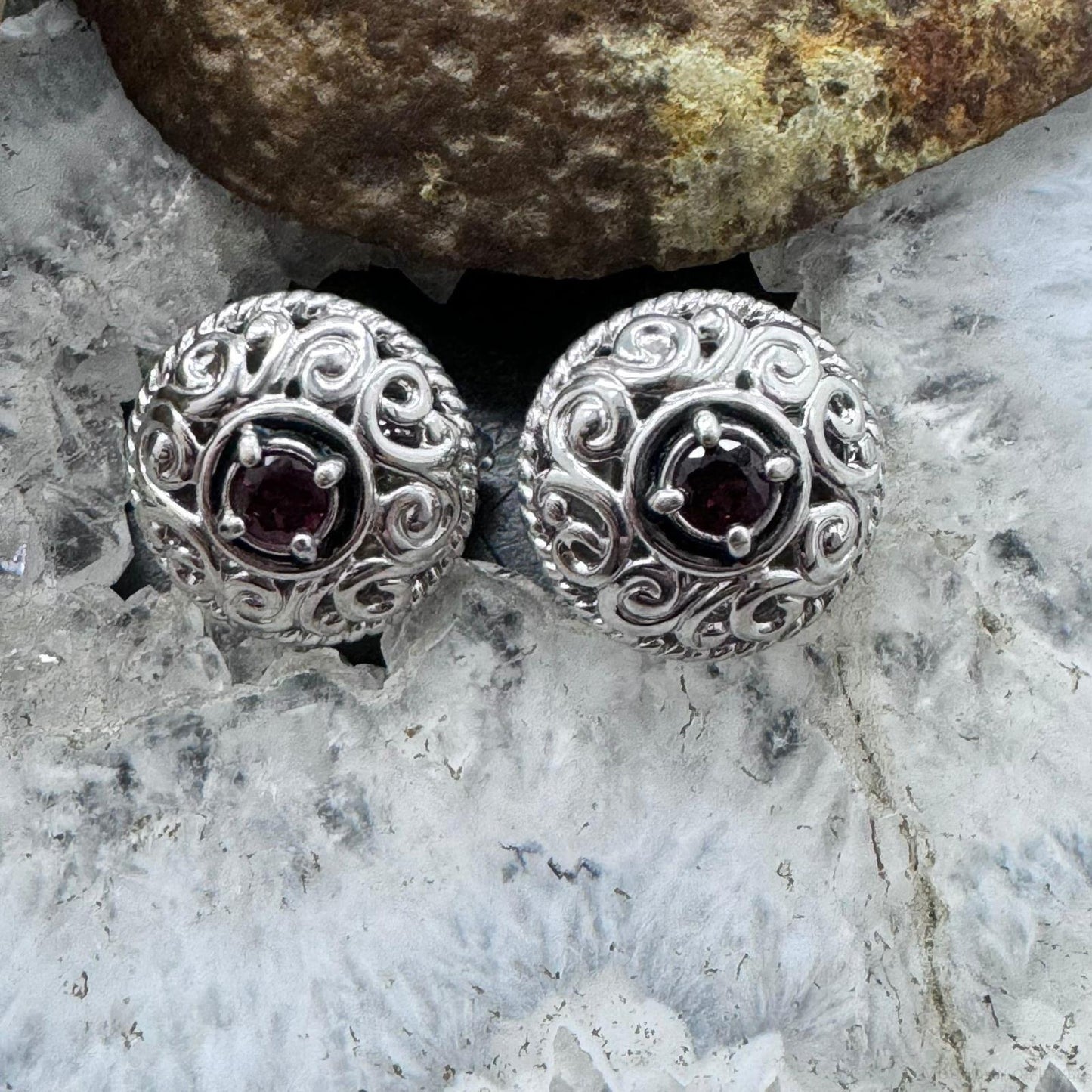 Carolyn Pollack Sterling Silver Faceted Round Garnet Omega Back Stud Earrings For Women