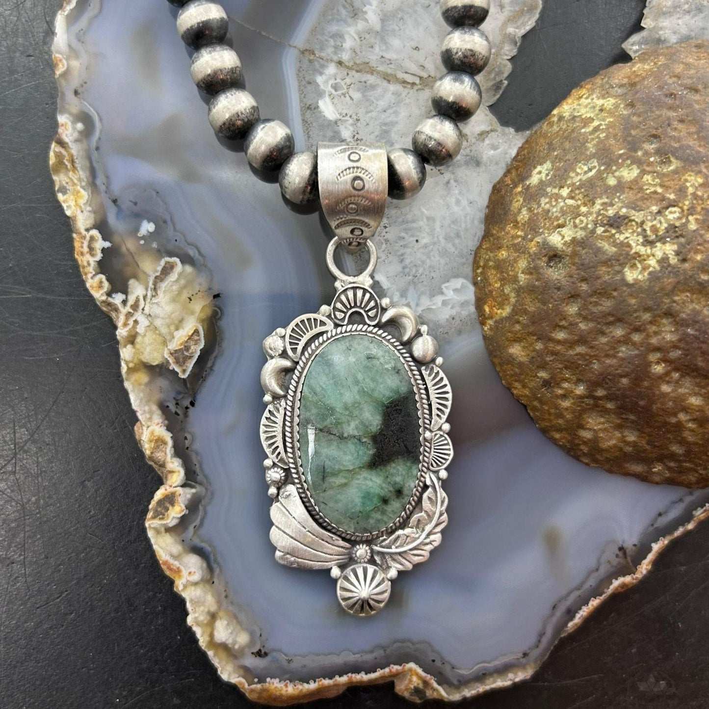 Sterling Silver Southwestern Style Oval Emerald Decorated Pendant For Women #1
