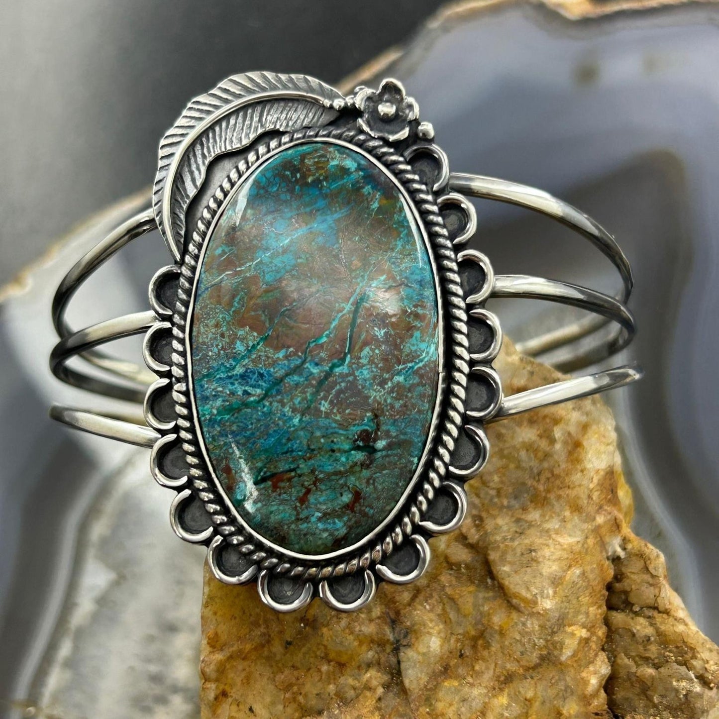 Sterling Silver Southwestern Style Large Oval Shattuckite Bracelet For Women