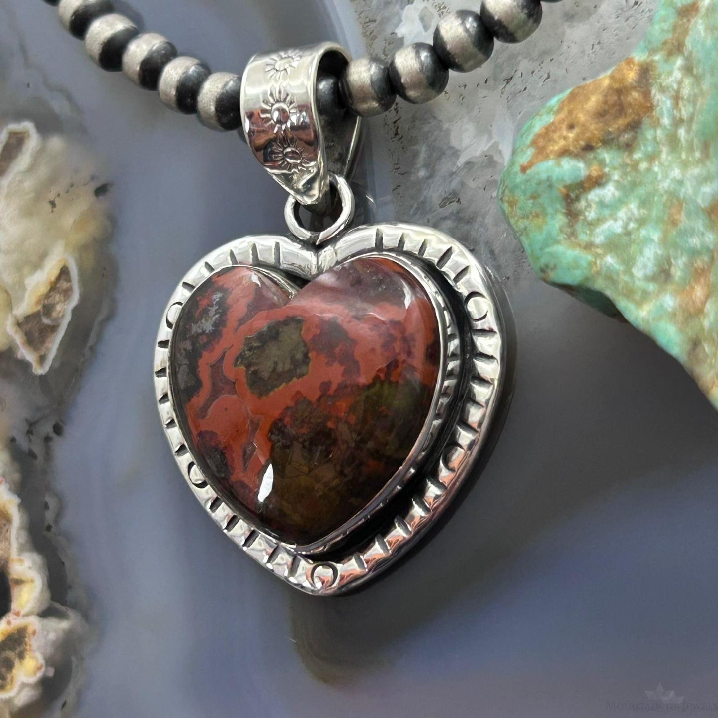 Sterling Silver Southwestern Style Seam Agate Decorated Heart Pendant For Women