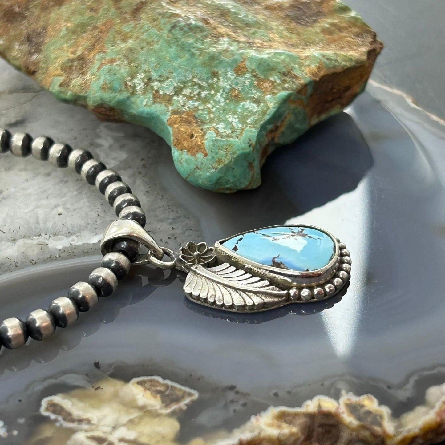 Sterling Silver Southwestern Style Teardrop Golden Hill Turquoise Leaves Pendant For Women #2