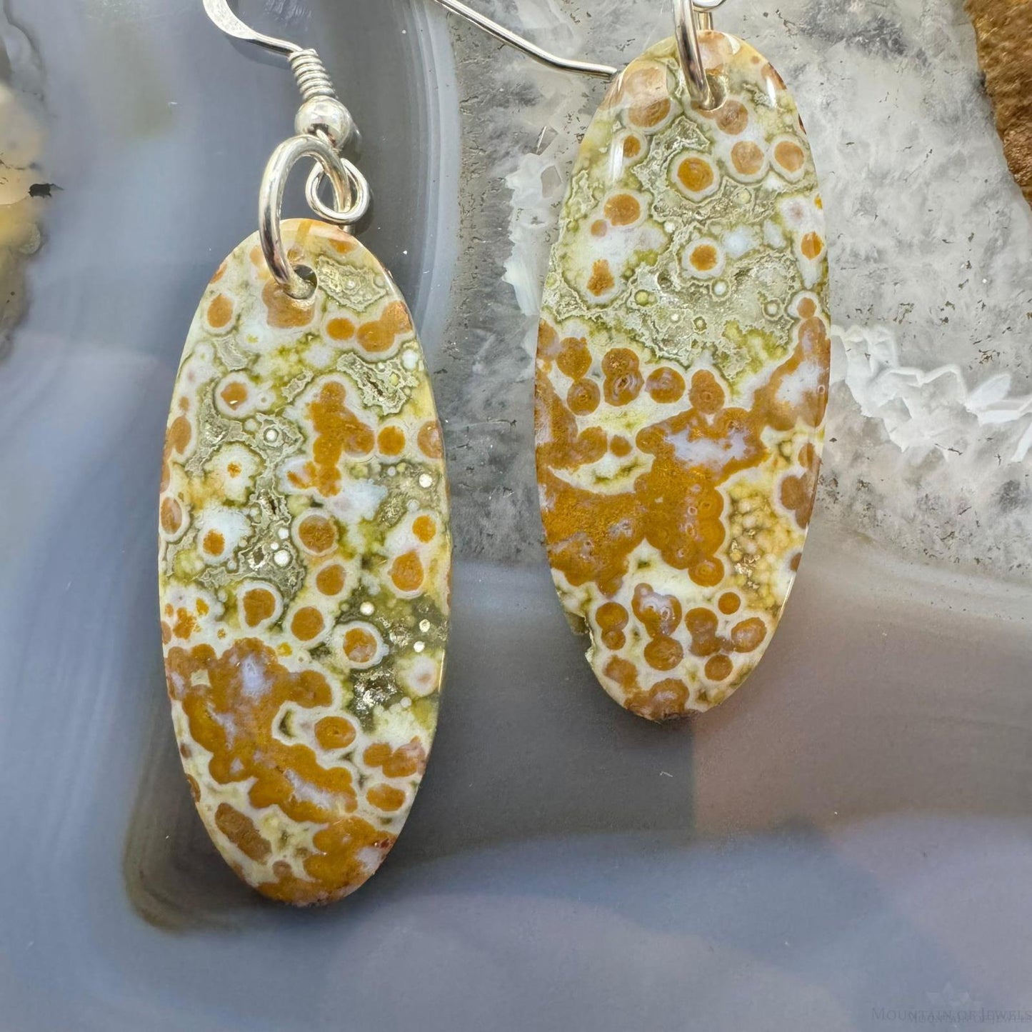 Sterling Silver Elongated Oval River Jasper Slab Dangle Earrings For Women #352