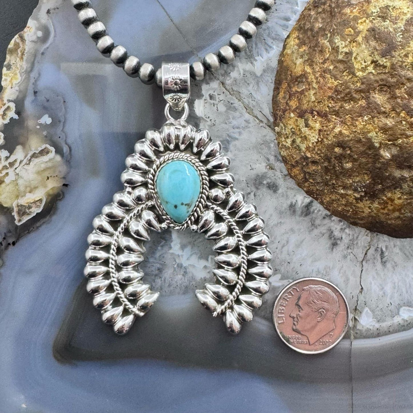 Sterling Silver Southwestern Style Teardrop Turquoise Decorated Unisex Naja Pendant