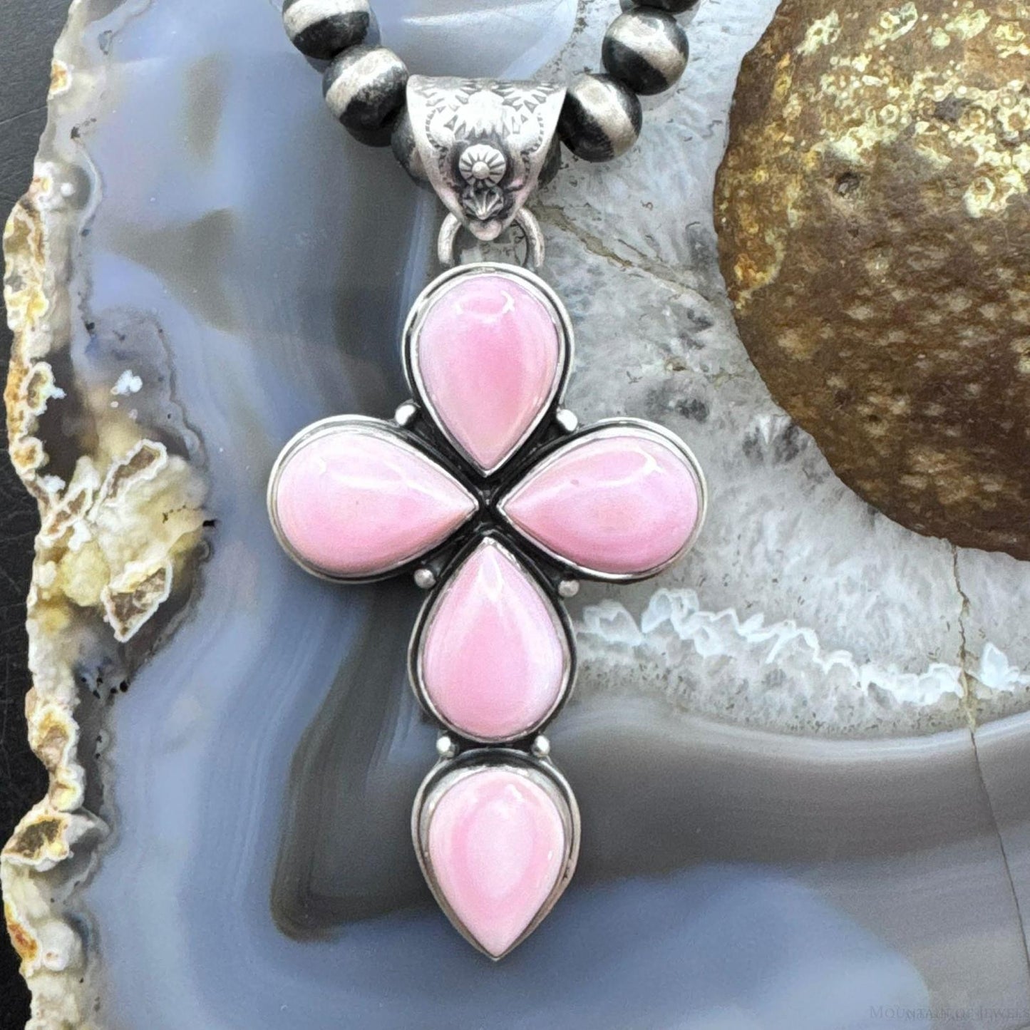 Native American Sterling Silver Teardrop Pink Conch Cross Pendant For Women