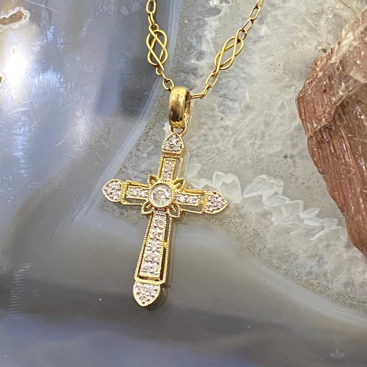 14K Two Tone Yellow & Rose Gold w/Diamonds Cross Pendant For Women