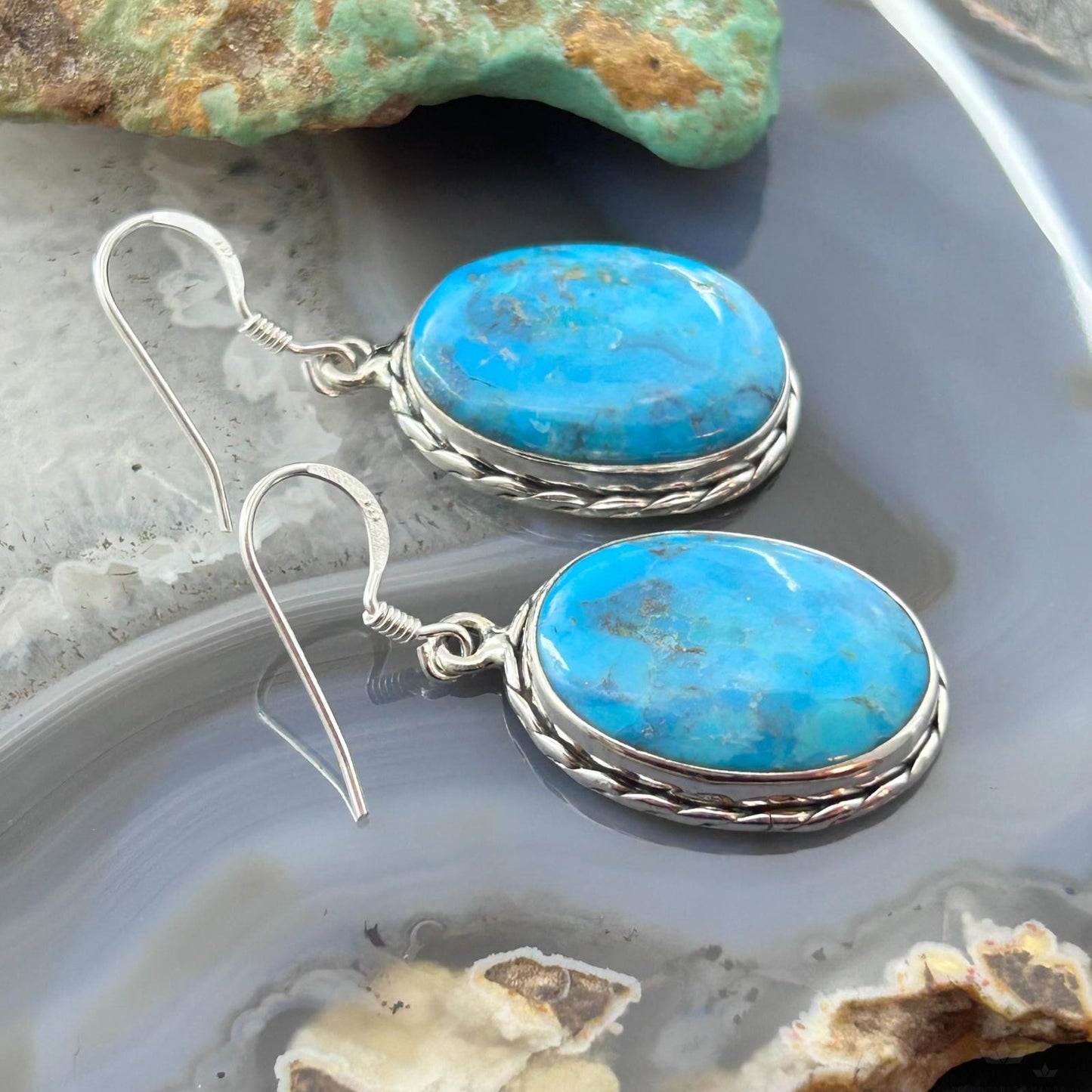 Sterling Southwestern Style Oval Mojave Turquoise Dangle Earrings For Women #1