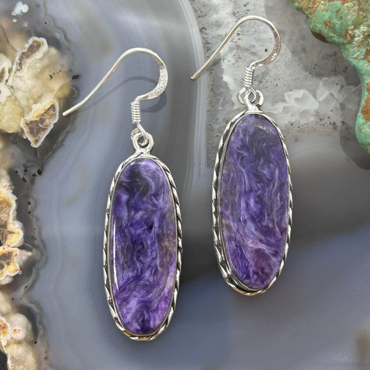 Sterling Silver Southwestern Style Oval Charoite Dangle Earrings For Women