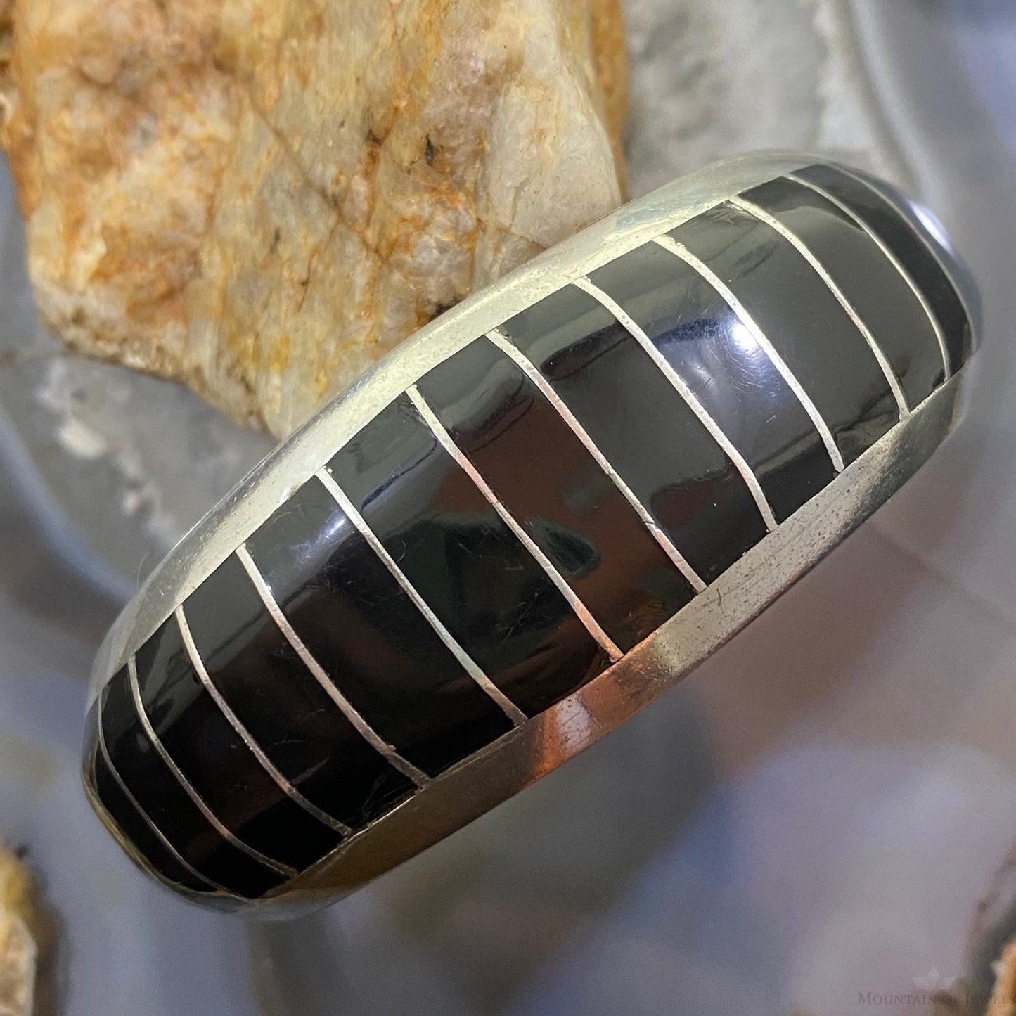 Signed Vintage Native American Sterling Channel Onyx Inlay Bracelet For Women