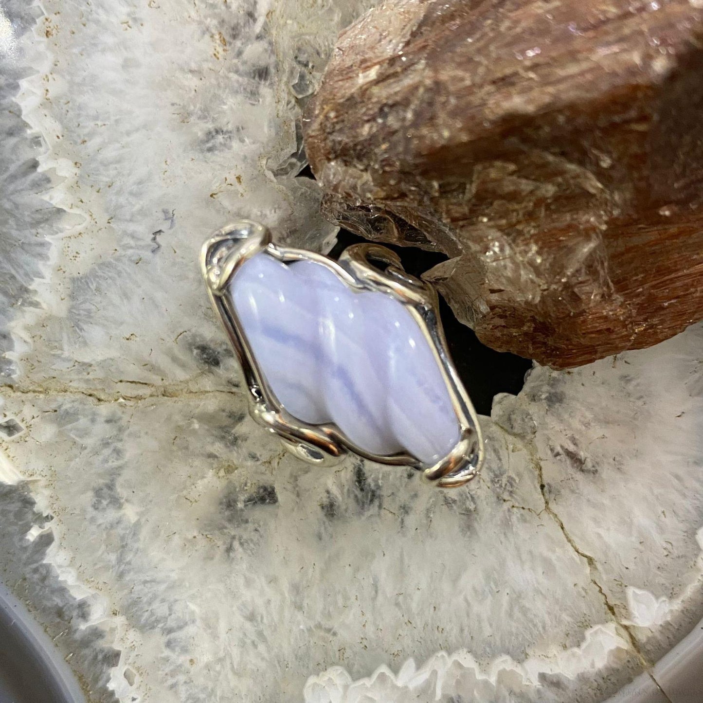 Carolyn Pollack Southwestern Style Sterling Silver Spiral Blue Lace Agate Decorated Ring For Women, Variety of Sizes