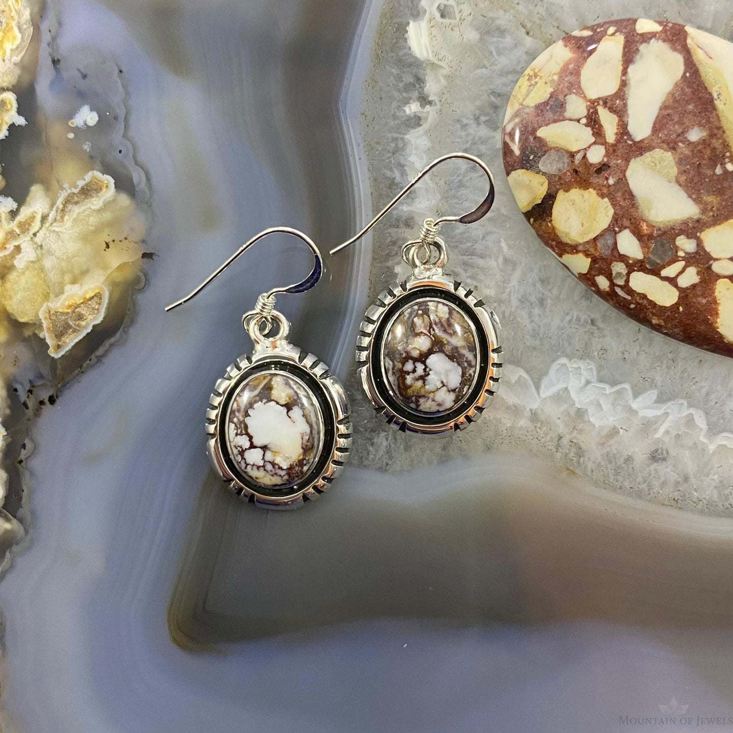 Native American Sterling Silver Oval Wild Horse Dangle Earrings For Women #1