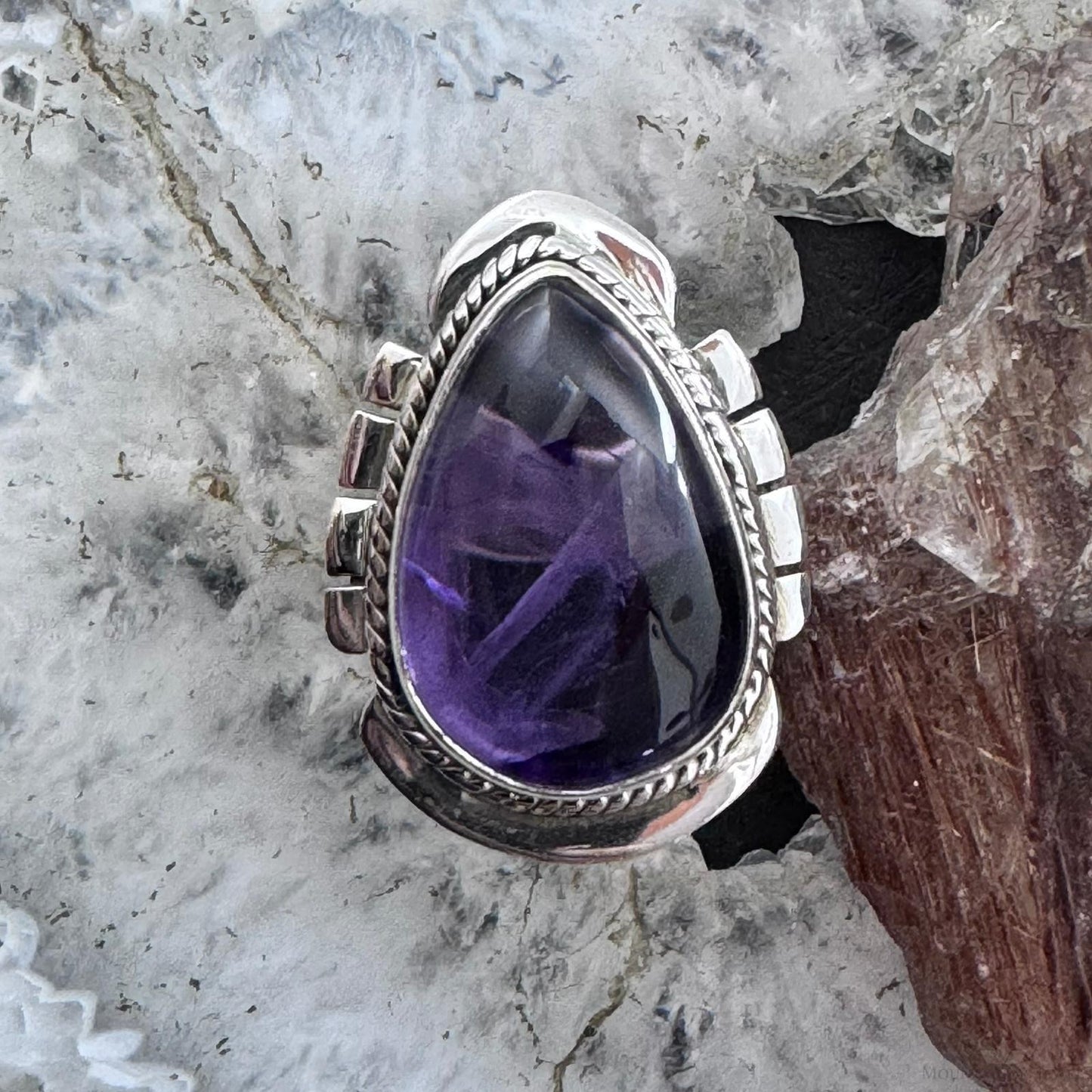 Sterling Southwestern Style Star Amethyst Decorated Ring Size 6.25 For Women