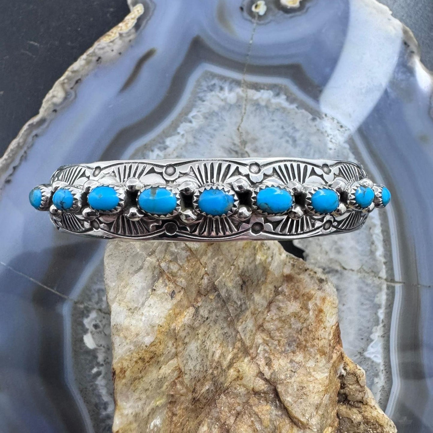 Grace Silver Native American Sterling Single Row 9 Oval Kingman Turquoise Bracelet For Women