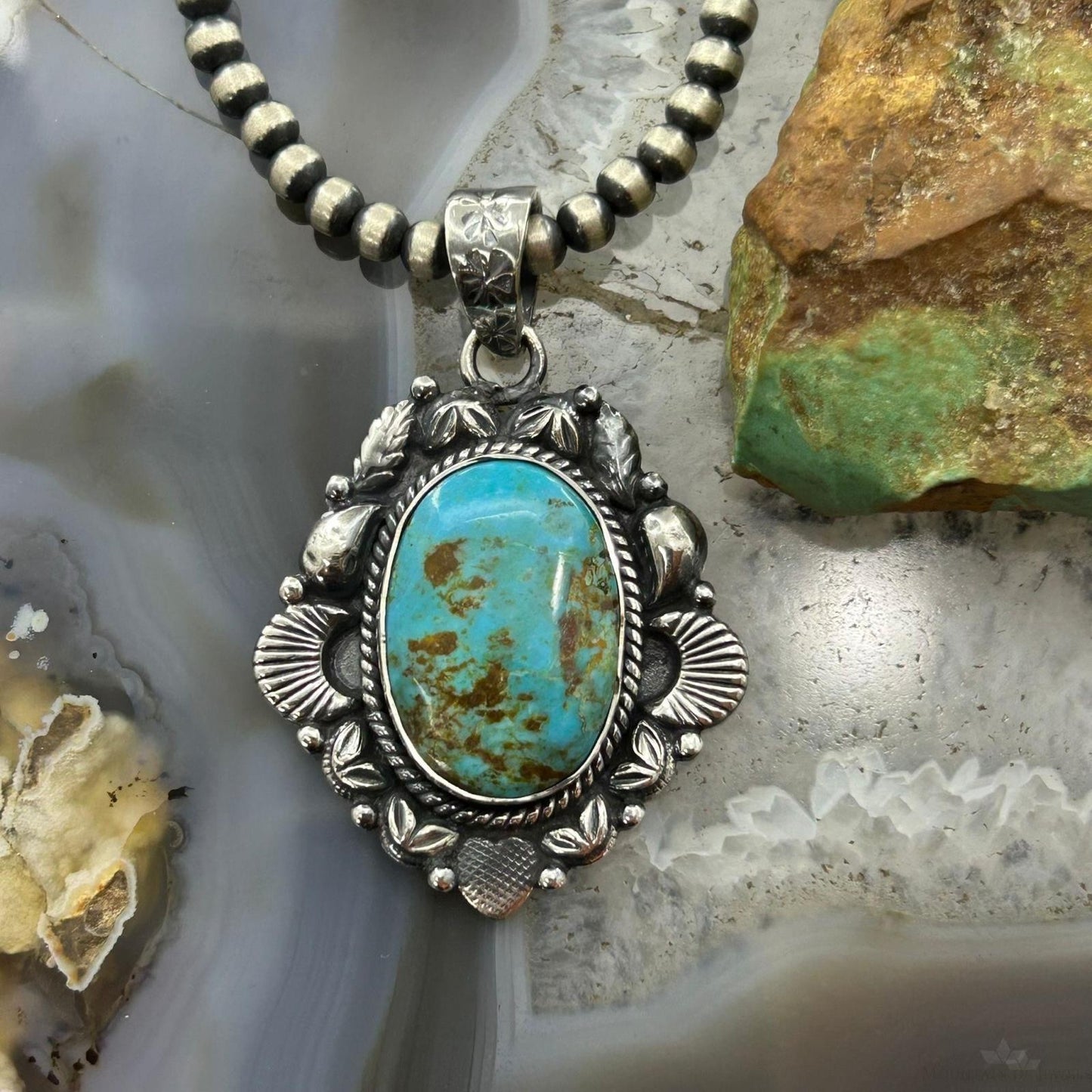 Sterling Silver Southwestern Style Oval Turquoise Decorated Pendant For Women #2