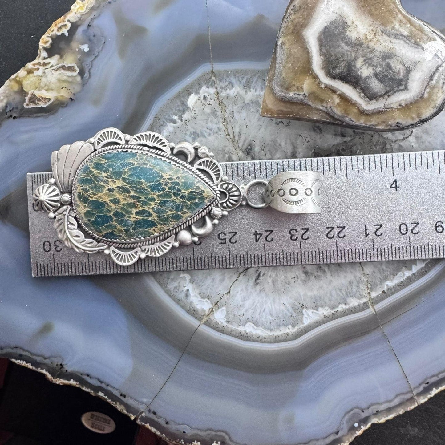 Sterling Silver Southwestern Style Teardrop Sediment Jasper Flower Decorated Pendant For Women