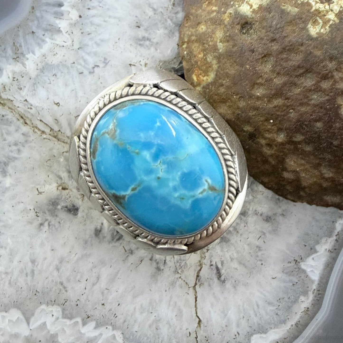 Native American Sterling Silver Oval Kingman Turquoise Shield Ring Size 11.25 For Men