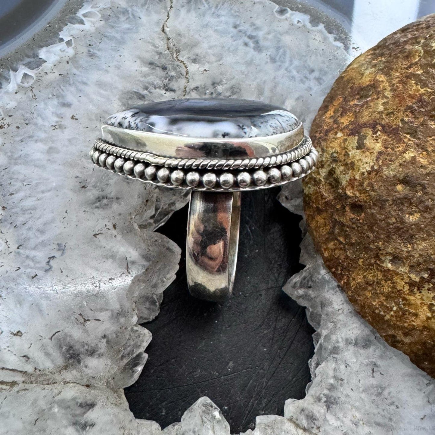 Sterling Silver Southwestern Style Teardrop Dendrite Agate Ring Size 7.5 For Women