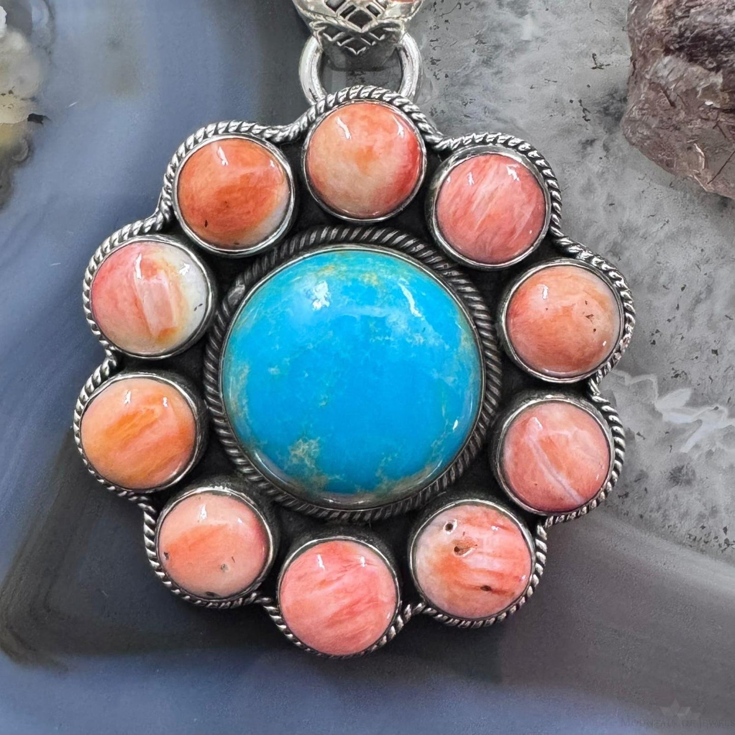 Native American Sterling Silver Turquoise & Orange Spiny Oyster Cluster Pendant For Women