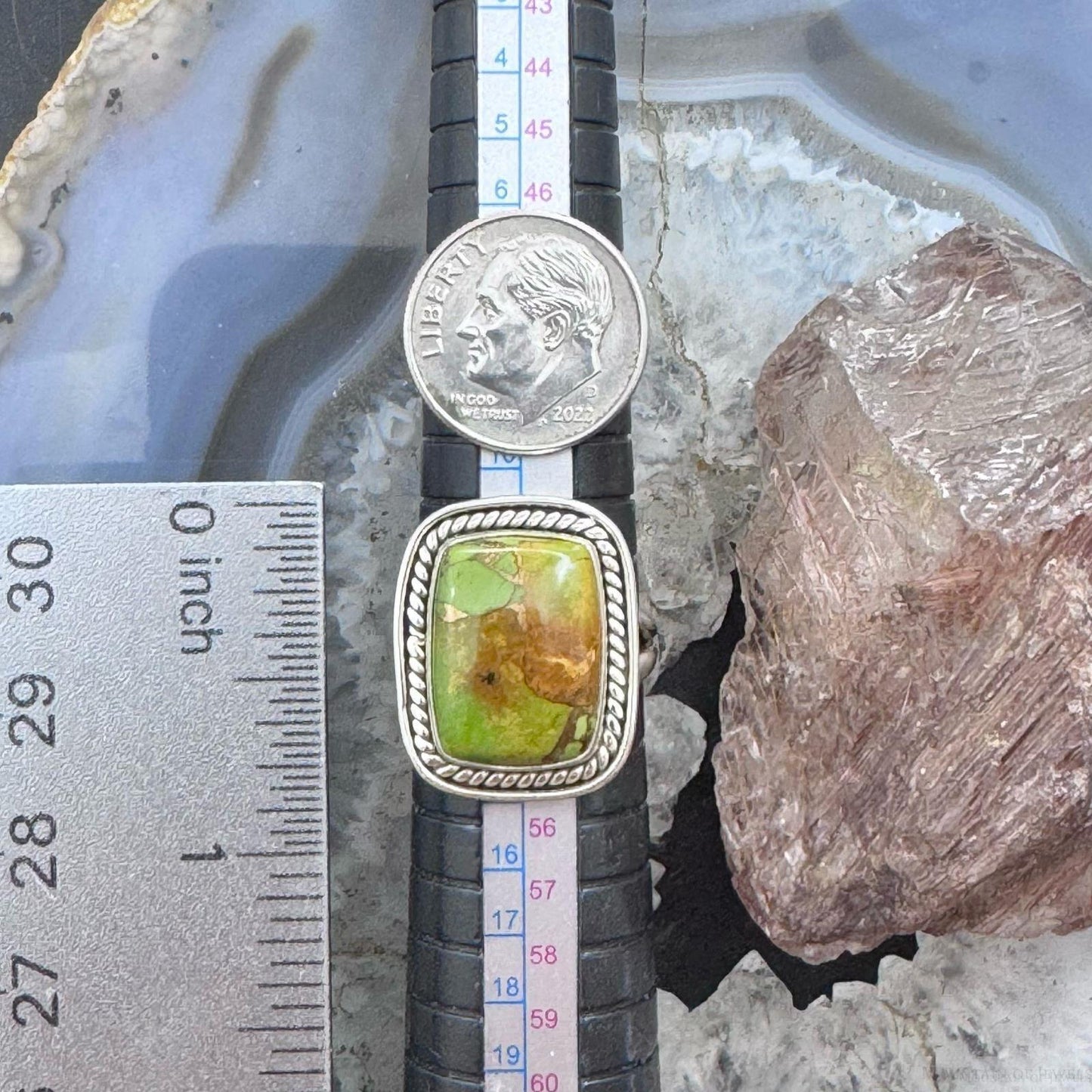 Sterling Southwestern Style Atlantisite & Green Copper Bar Ring Size 6.75 For Women