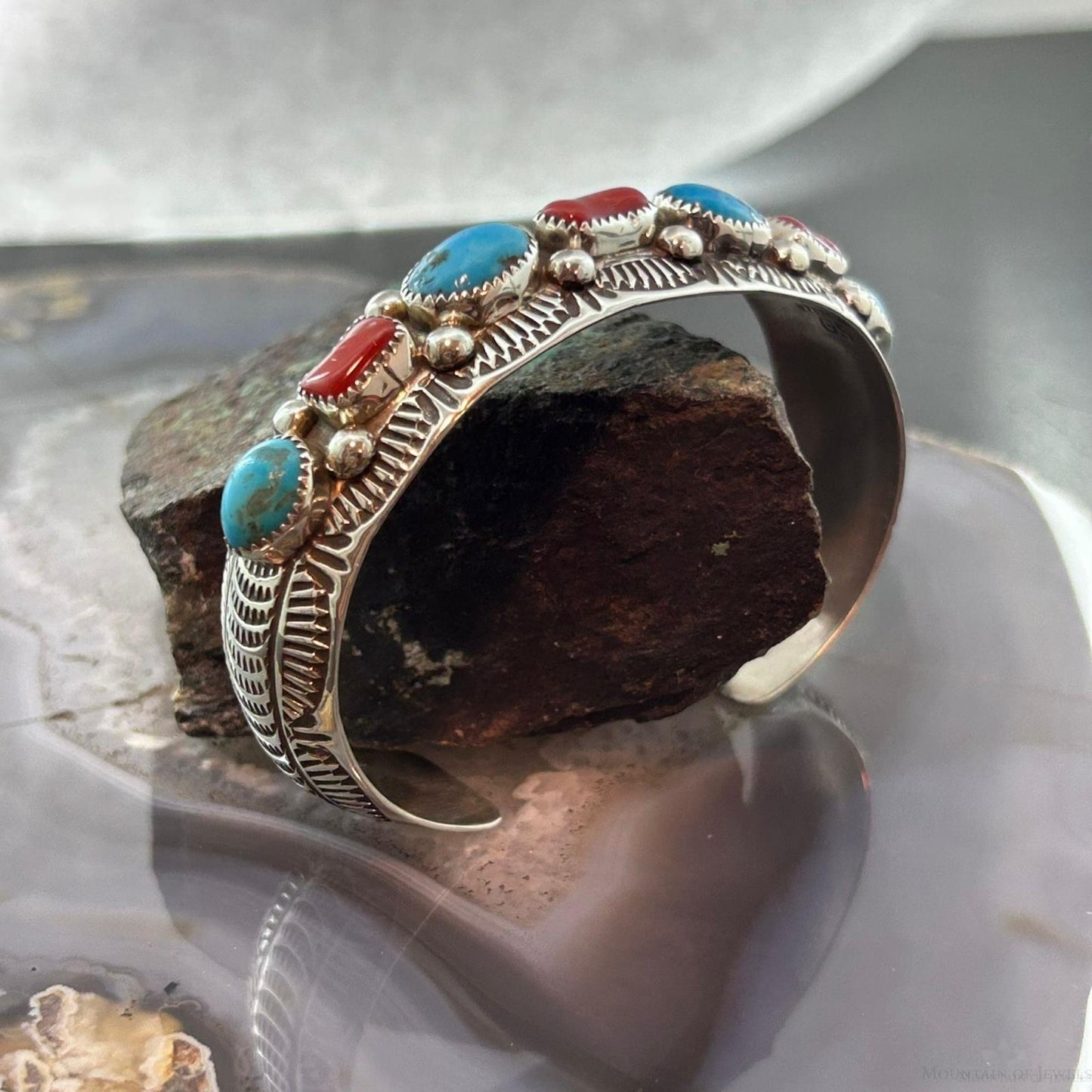 Grace Silver Native Americn Sterling Silver Turquoise & Coral Row Bracelet For Women