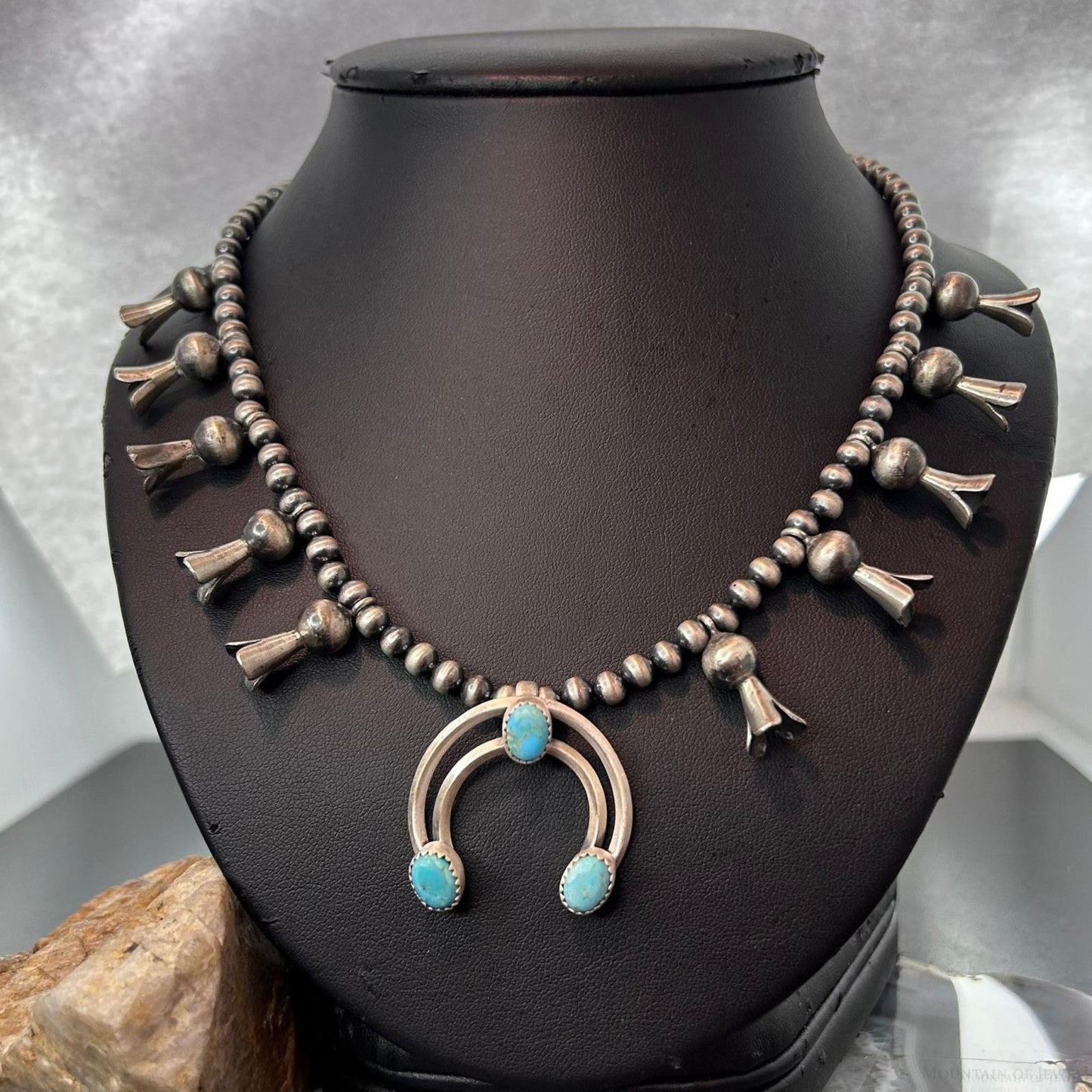 Sterling Silver Southwestern Style Naja w/Turquoise Squash Blossom 18"-20" Necklace For Women