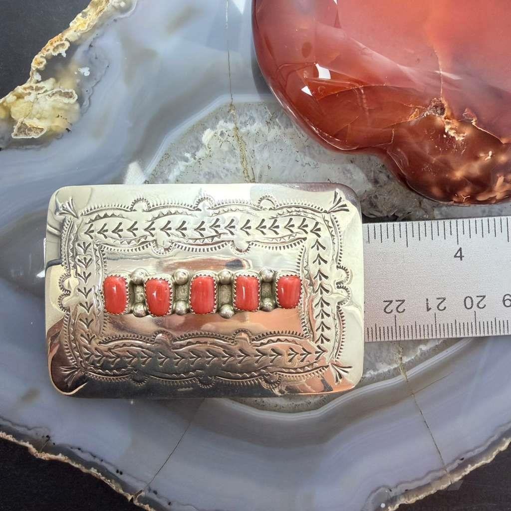Joann Begay Native American Sterling Silver 5 Coral Stamped Belt Buckle For Men