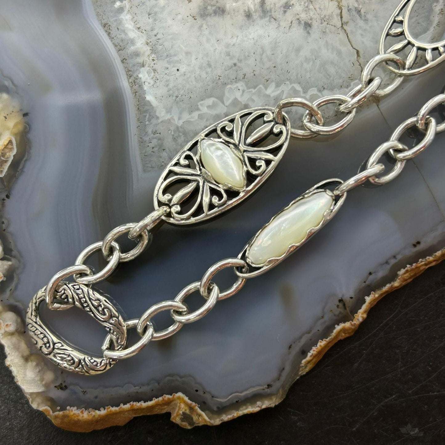 Carolyn Pollack Vintage Sterling Mother Of Pearl Chain Link Necklace For Women